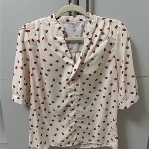 Casual Cream Button Down Shirt with Red strawberry pattern fruit Design small